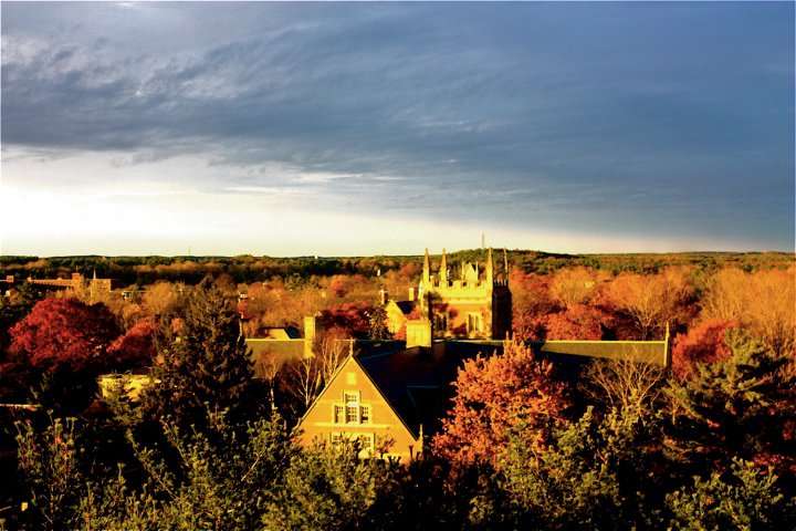 This is an aerial shot of Bowdoin College's campus.