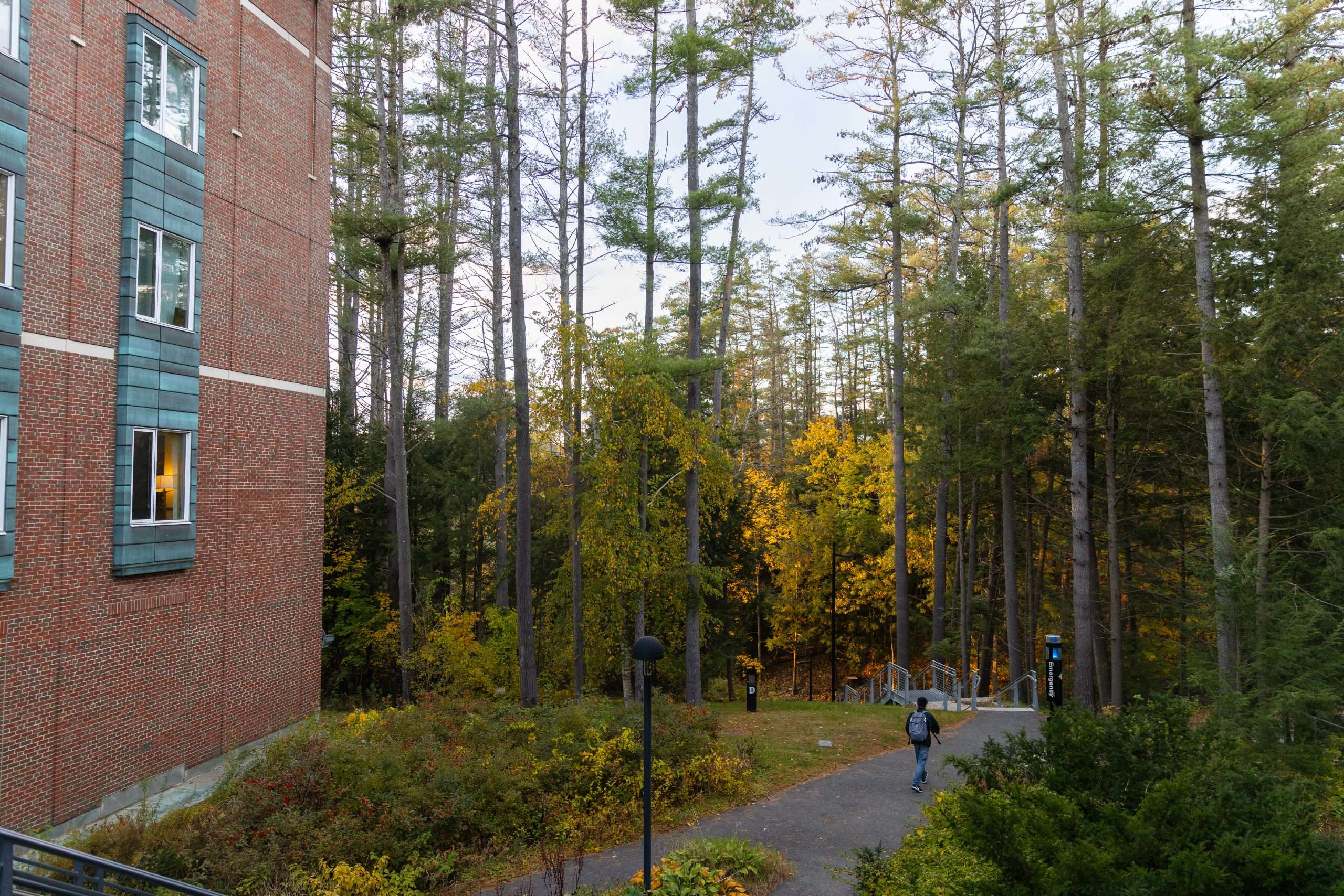 A student walks down a path leading to the Connecticut River at Dartmouth College.