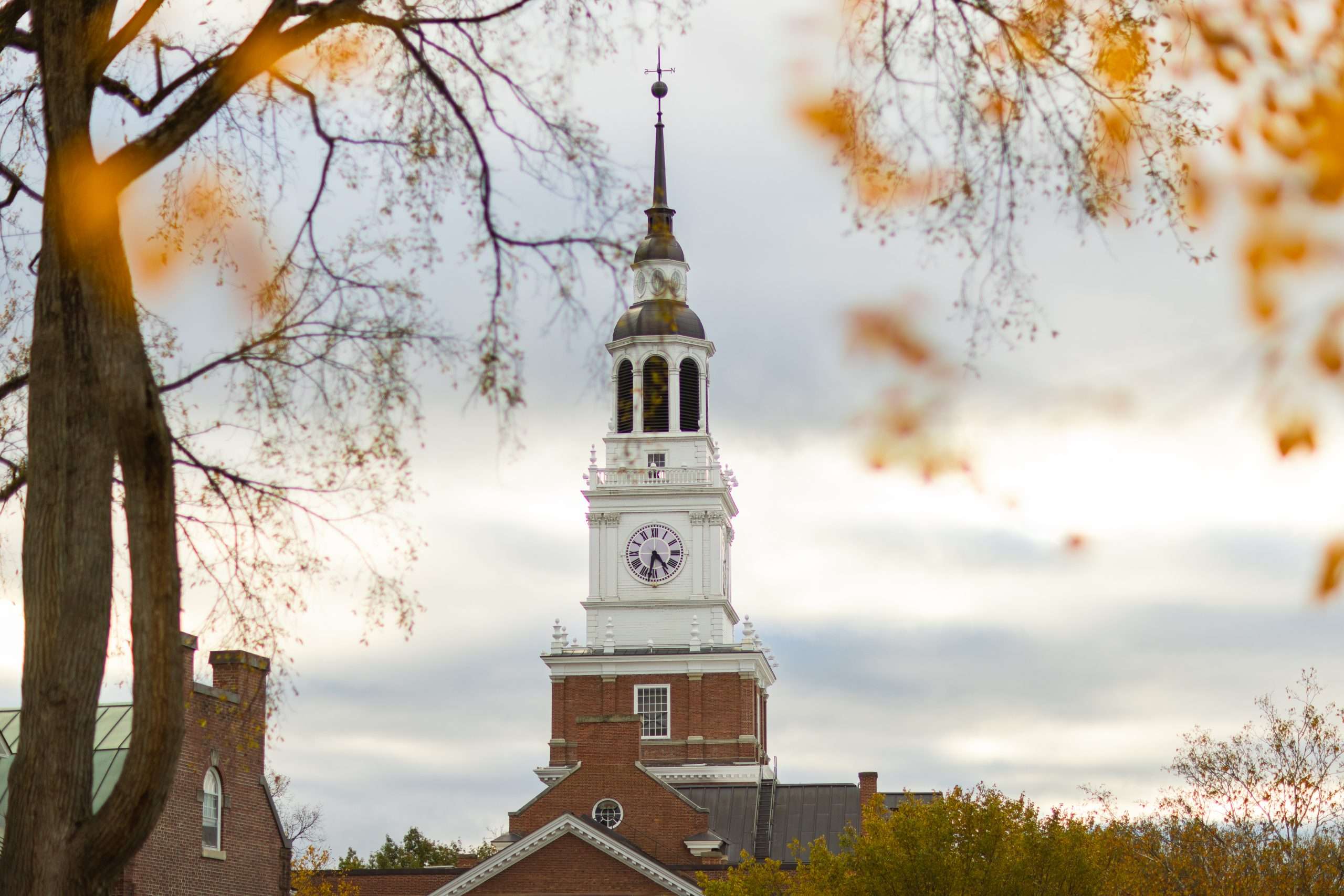 The top of the Baker Library clocktower is featured at Dartmouth College.
