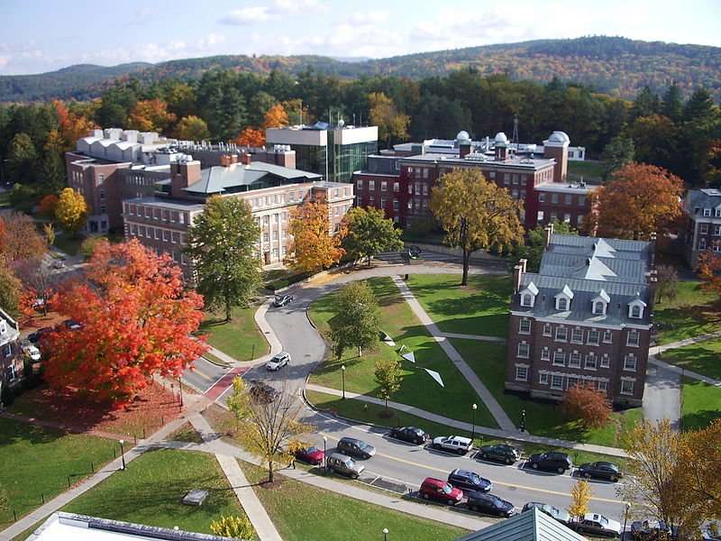 An aerial view of Dartmouth College's green, the center of campus.
