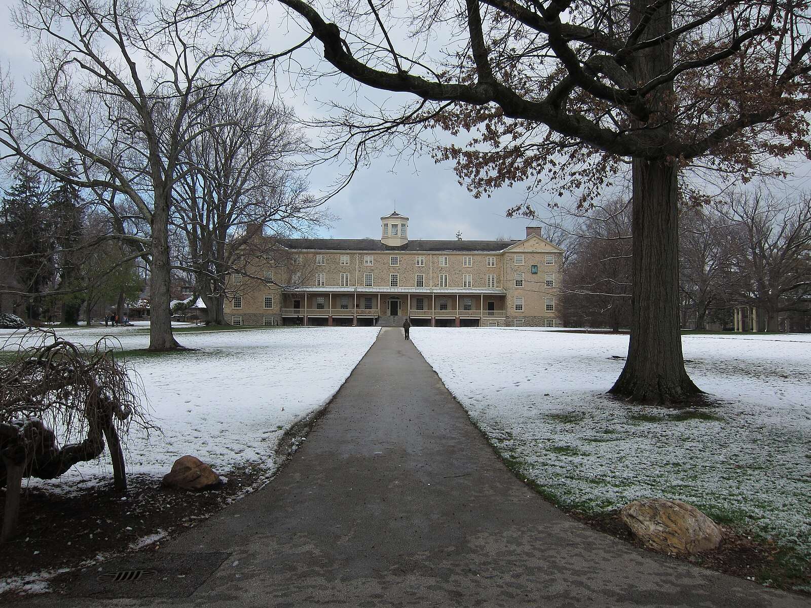 Founders Hall is featured at Haverford College after a snowfall.