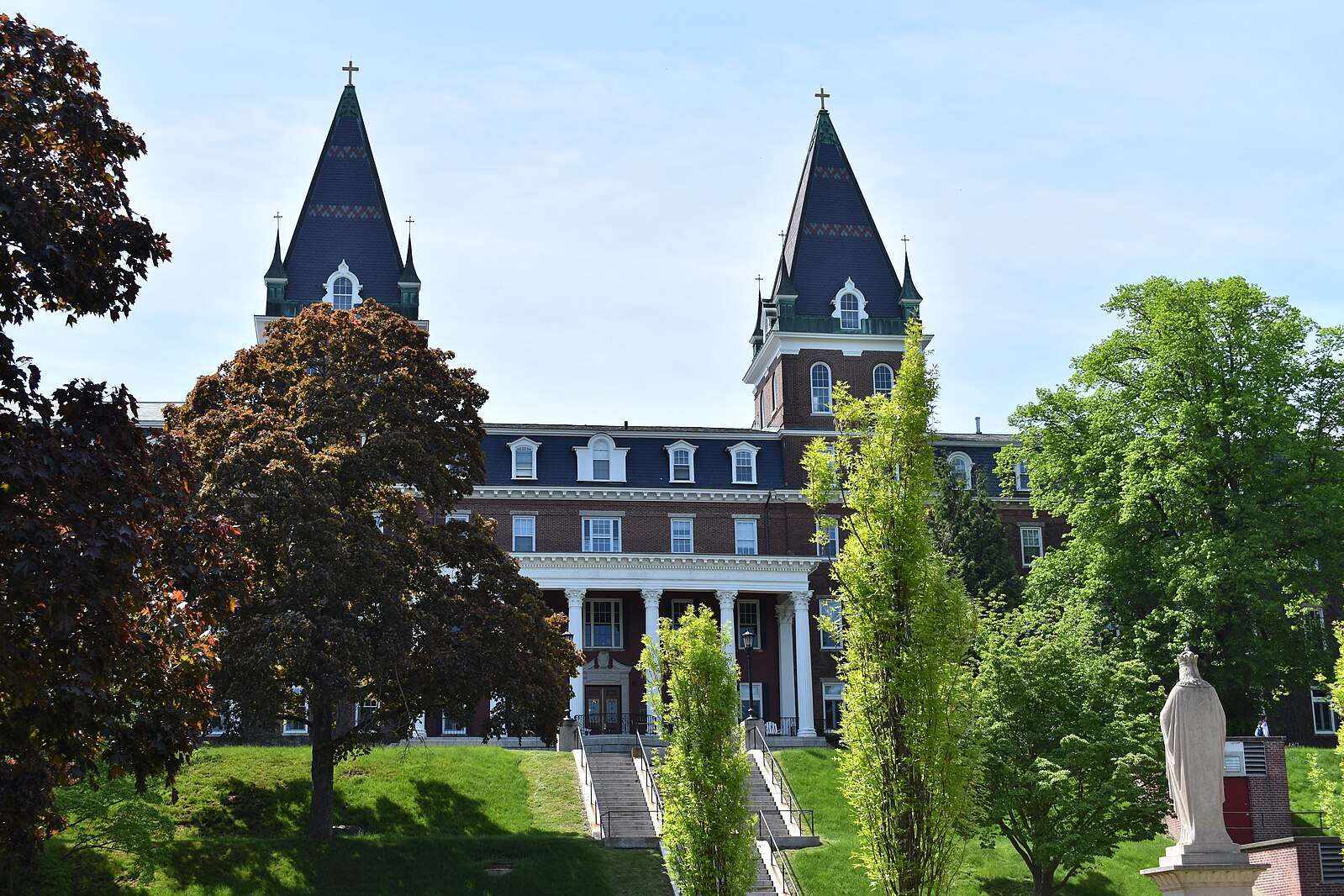 Fenwick Hall is featured atop a hill at the College of the Holy Cross.