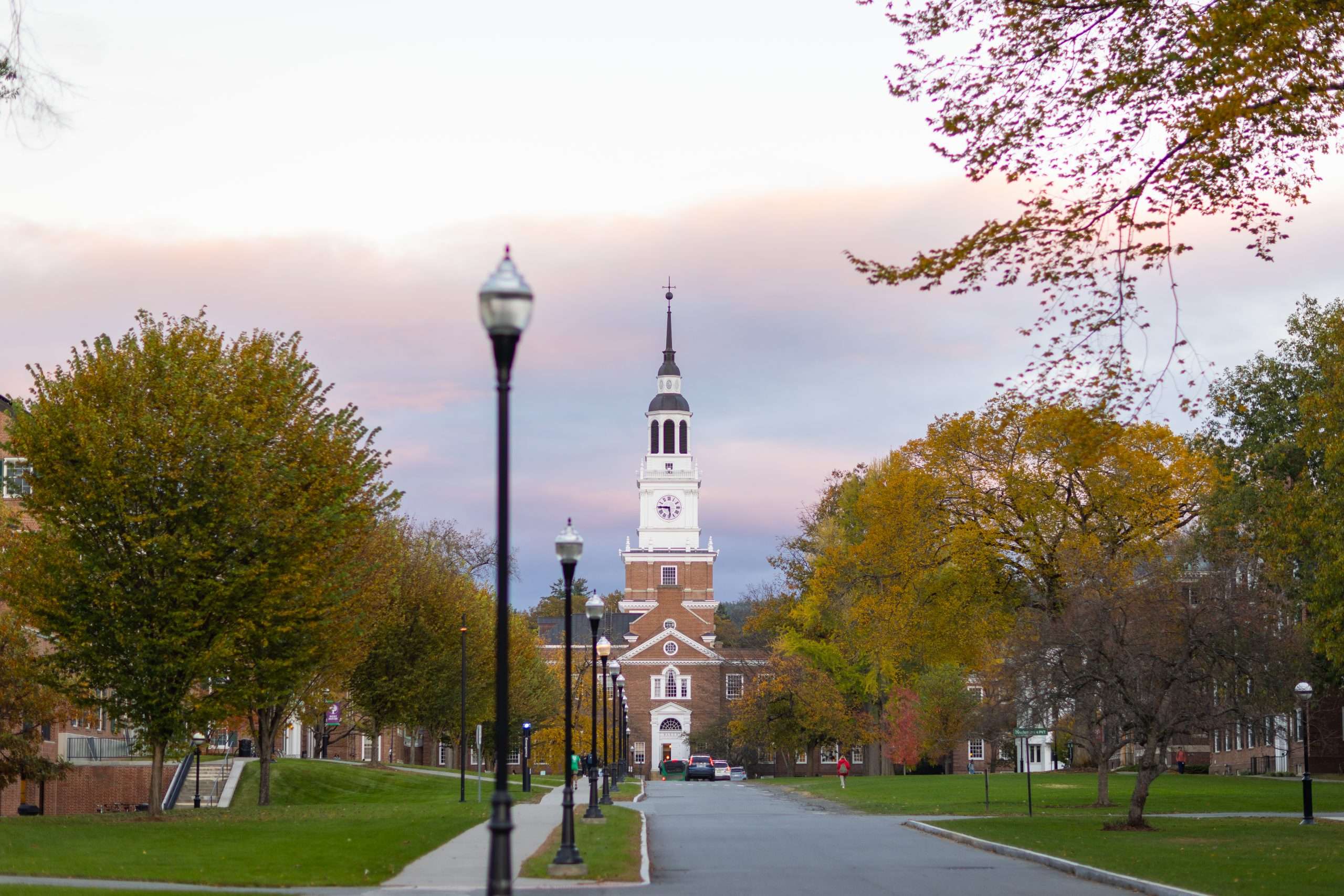 Baker Library sits beyond the road at Dartmouth College.
