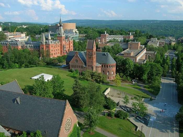 An aerial shot of Cornell University's pristine campus.