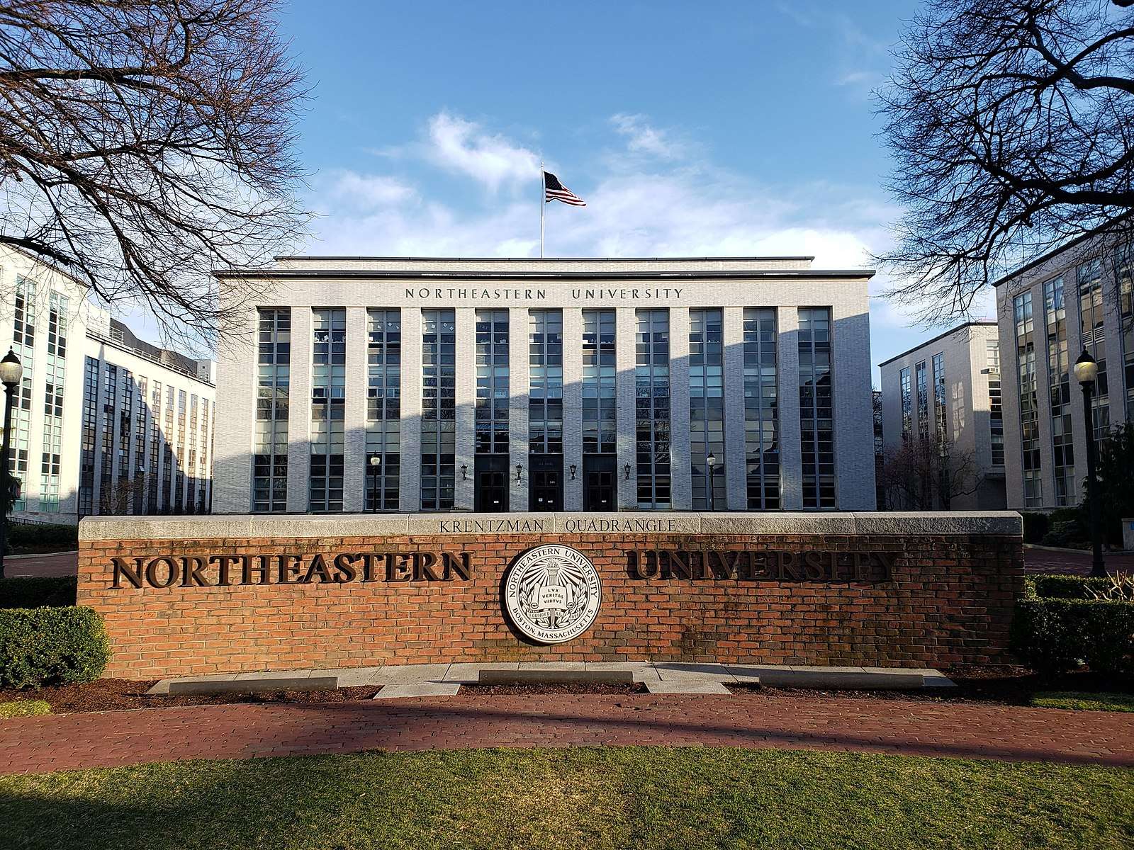 The Northeastern University sign is featured in front of Krentzman Quad.