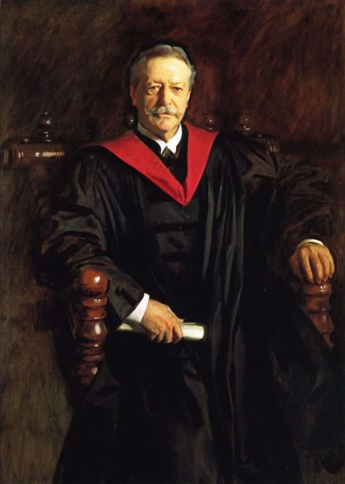 The former Harvard University president A. Lawrence Lowell is featured in a black university robe.
