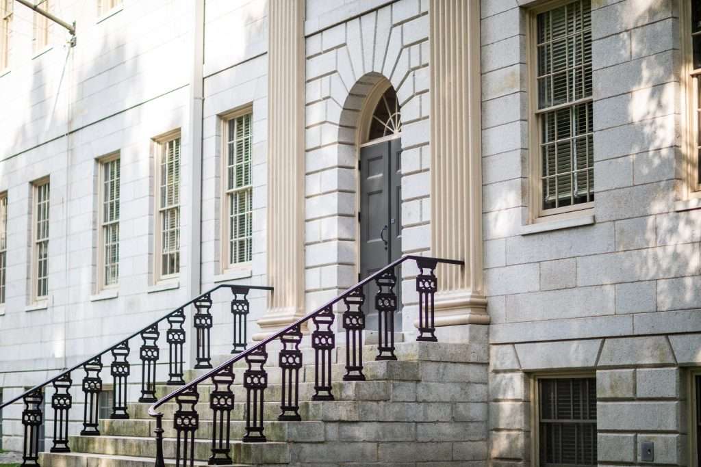 Steps lead up to a building at Harvard University.