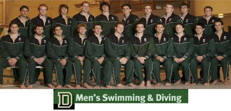 The Dartmouth Men's Swimming & Diving Team pose for a photo in matching green uniforms.