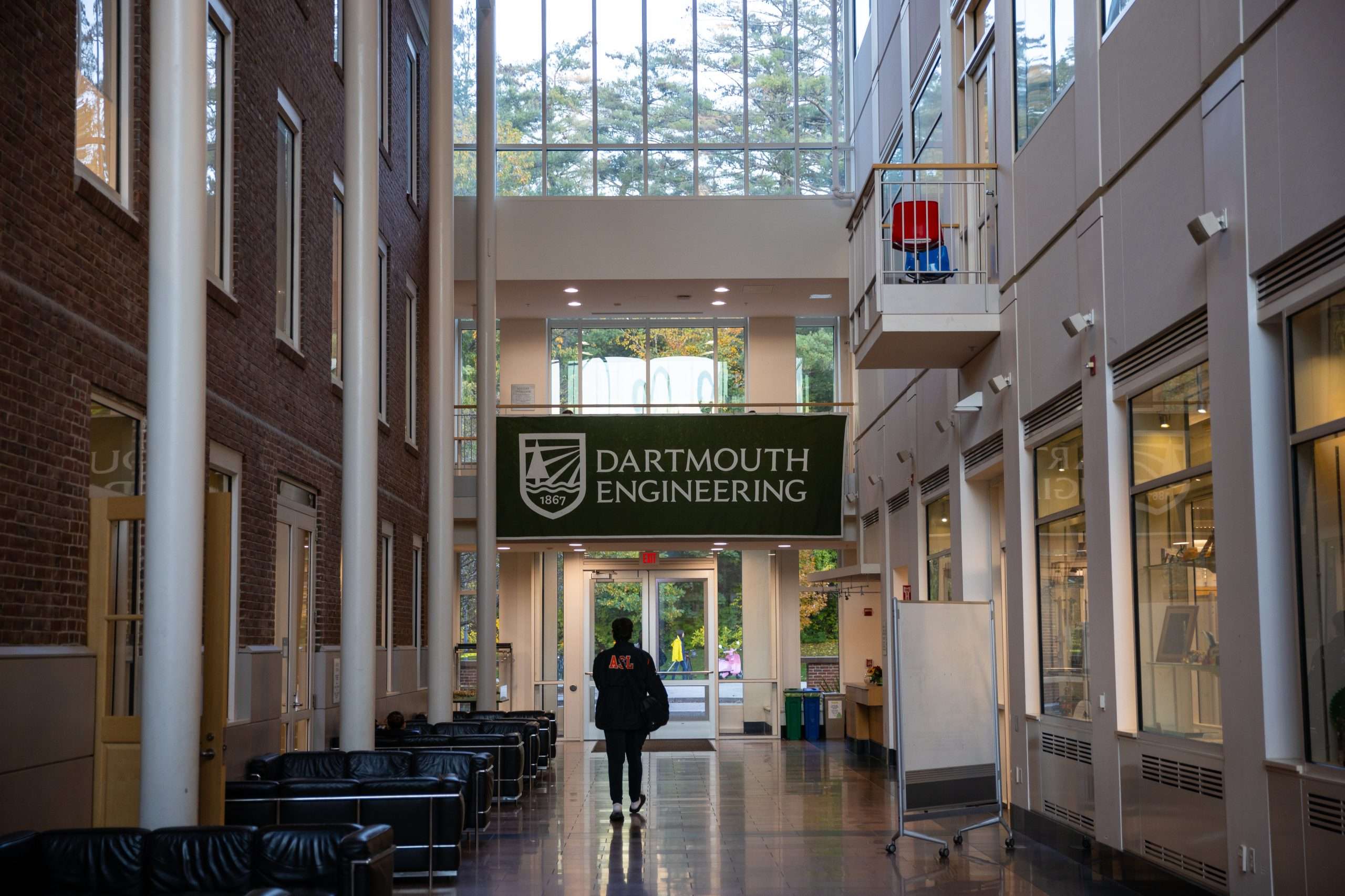 The Dartmouth Engineering banner hangs inside a hall at Dartmouth College.