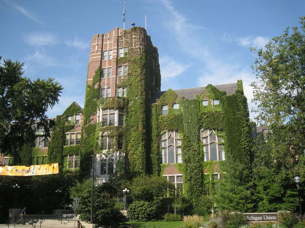 The ivy-covered Michigan Union is featured at the University of Michigan.