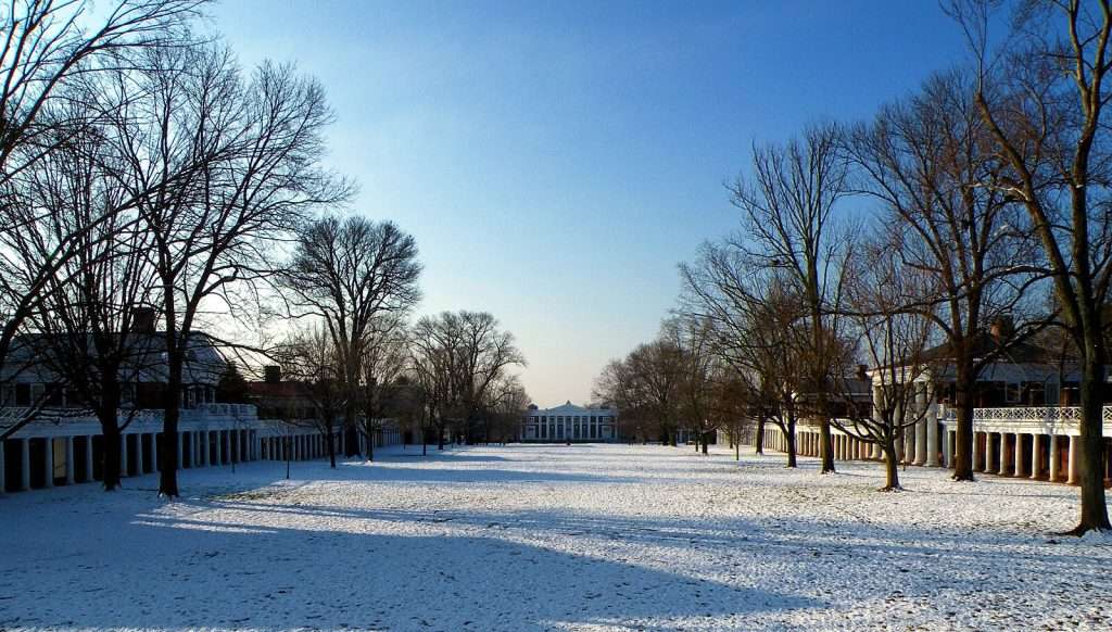 The snow-covered Lawn at the University of Virginia, looking south towards Old Cabell Hall.