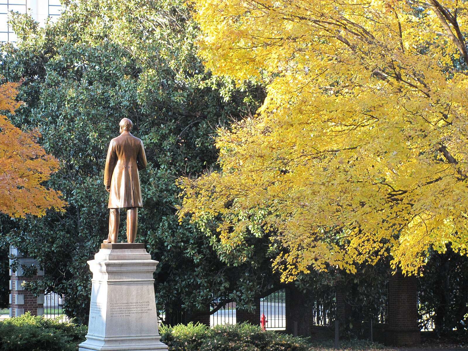 A statue of Cornelius Vanderbilt is featured from the back at Vanderbilt University.