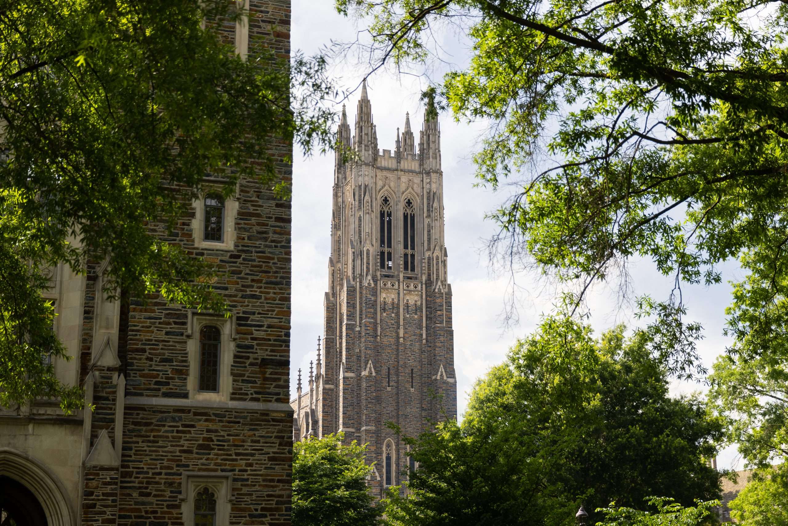 Duke Chapel is visible through the trees at Duke University.