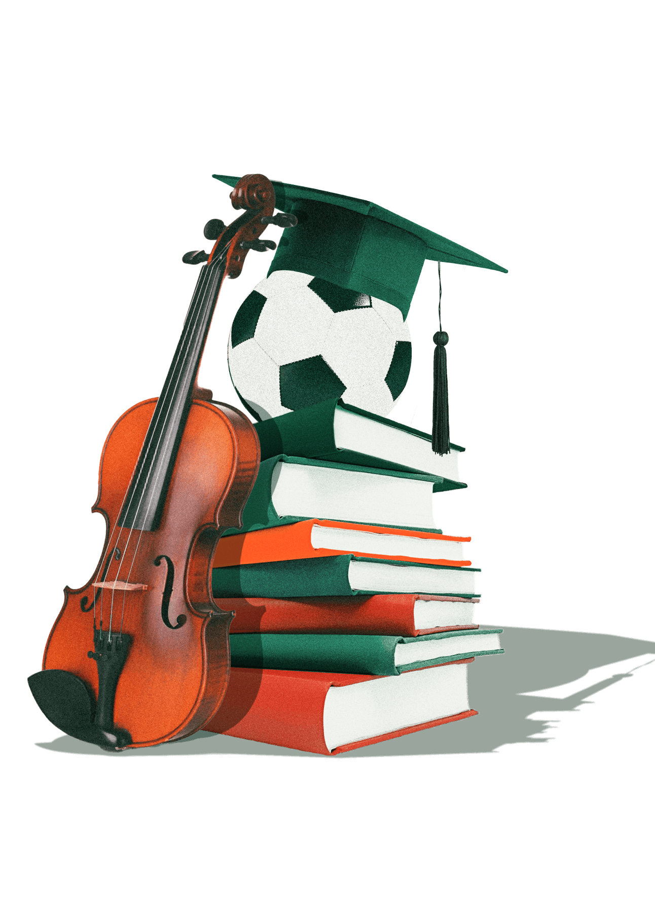 A stack of books with a soccer ball wearing a graduation cap on top and a violin leaning against it.