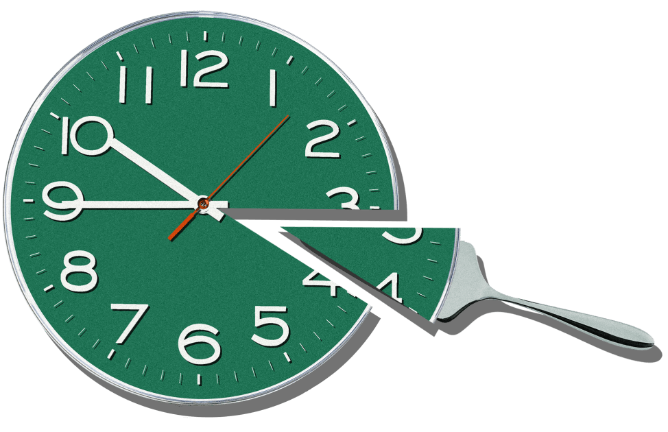 A piece of a clock cut out like a pie on a pie server.