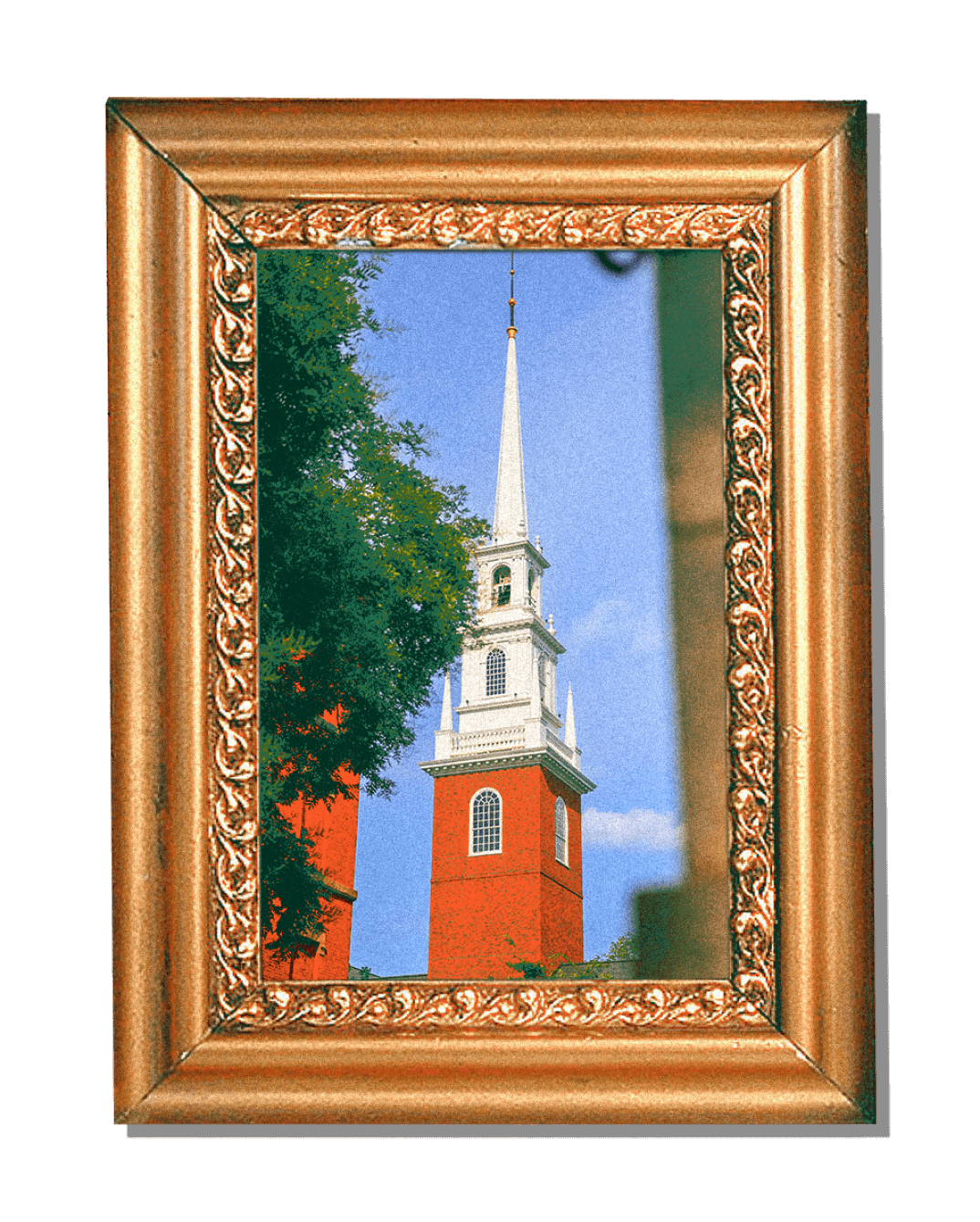 A college library in an ornate art frame.