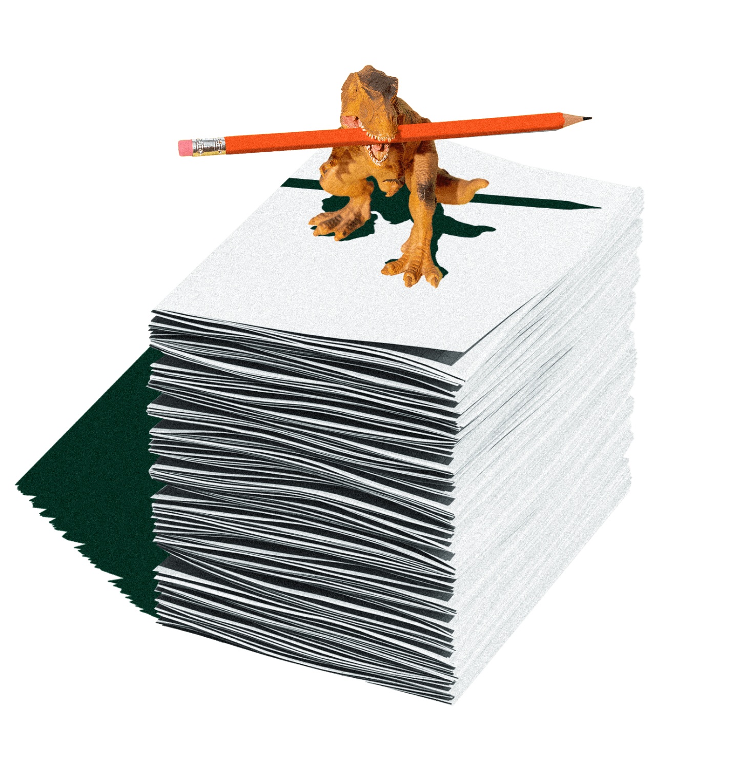 A stack of papers with a dinosaur holding a pencil in its mouth on top.