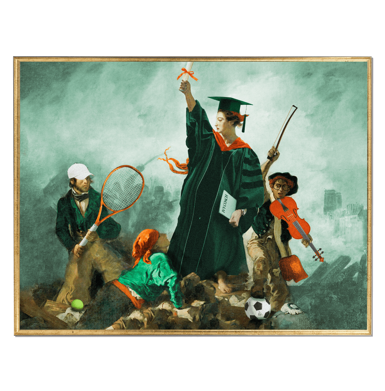 The painting 'Liberty Leading the People' edited to look like students graduating, playing sports, and playing instruments.