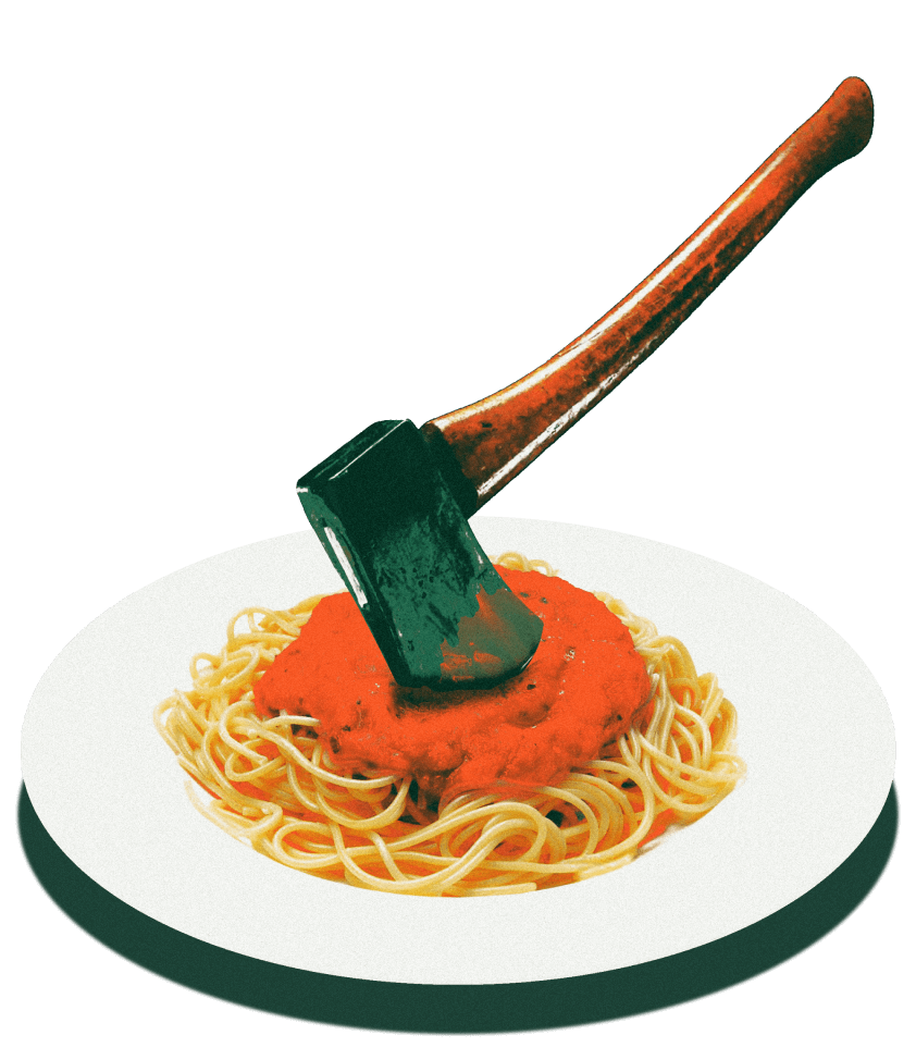 An ax head in a plate of spaghetti like it is in a log.